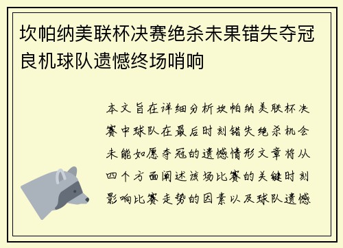 坎帕纳美联杯决赛绝杀未果错失夺冠良机球队遗憾终场哨响